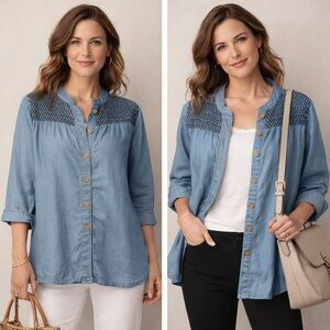 Multiples Denim Blue Blouse with Wood Buttons